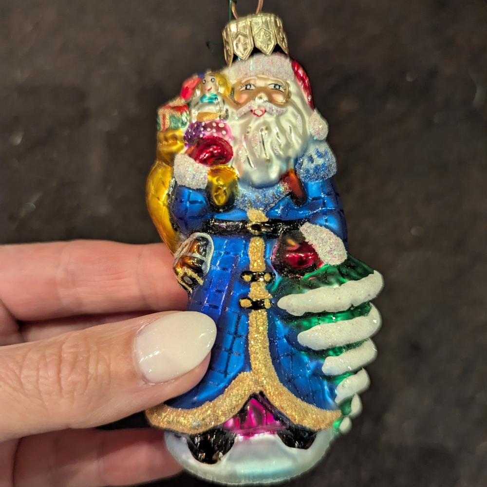 Festive Santa Claus Ornament in Blue and Gold